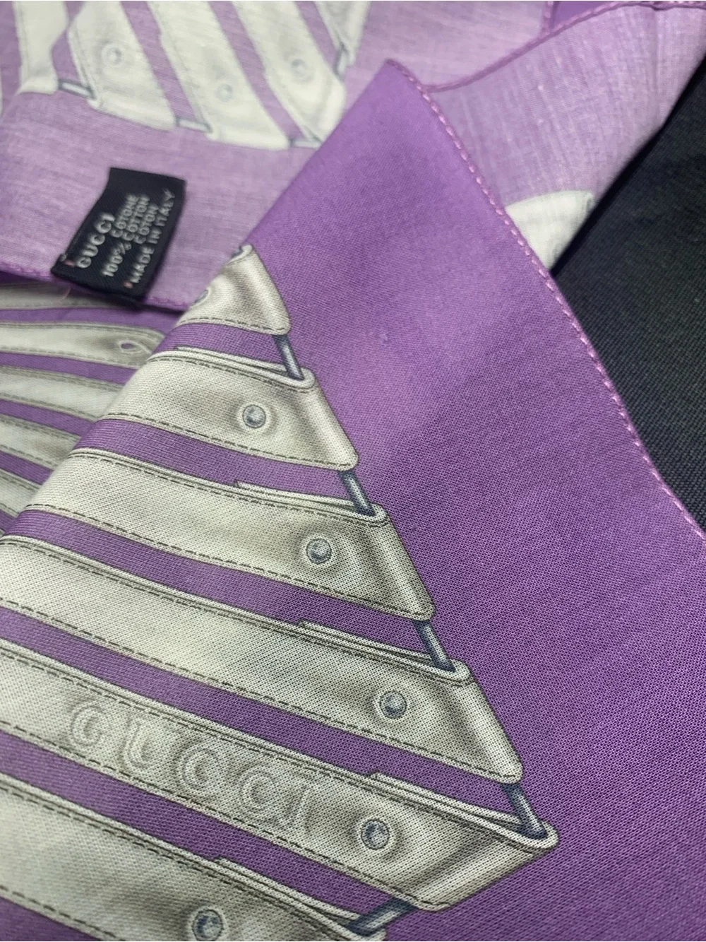 Gucci Purple Silk Scarf with Silver Accent Pattern